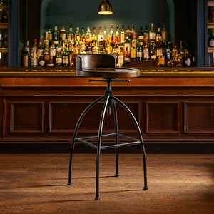 EDISON Adjustable Height Swivel Sturdy bar Stool Dark Brown Wood with Metal Legs - Picture 1 of 5