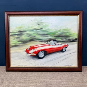 VINTAGE GERAHMTES ORIGINAL KUNSTWERK GOUACHE GEMÄLDE 1965 E TYPE JAGUAR OLDTIMER - Bild 1 von 7