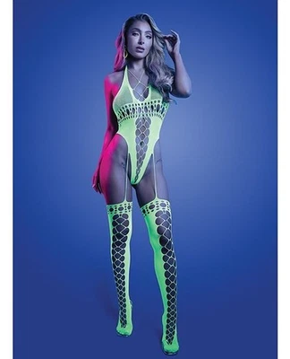 PARADIGM UV LIGHT REACTIVE HALTER TEDDY BODYSTOCKING - Image 1 of 2