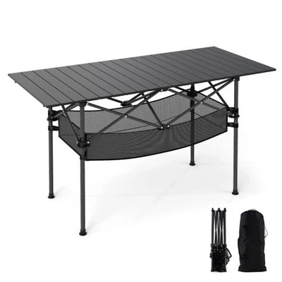 Mesa de acampamento dobrável para pátio com tampo de mesa enrolável e cesta de malha - Preta - Imagem 1 de 4