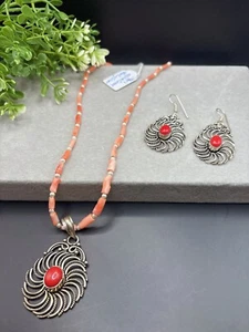 Rare! Vintage 1960’s Coral With Sterling Silver Necklace & Earrings Set - Picture 1 of 7