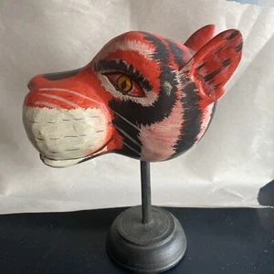 Vintage Indonesian Wood Tiger Folk Art Head On Stand - Picture 1 of 5