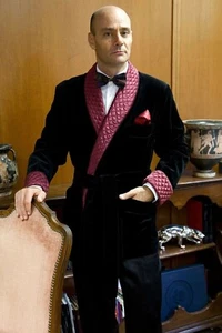 Accappatoio trapuntato nero velluto smoking vestaglia uomo elegante cena festa cappotto - Foto 1 di 4