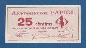 AJUNTAMENT D'EL PAPIOL -- 25 CENTIMOS ( 1937 ) -- SC- -- 3ª EMISION . - Picture 1 of 2