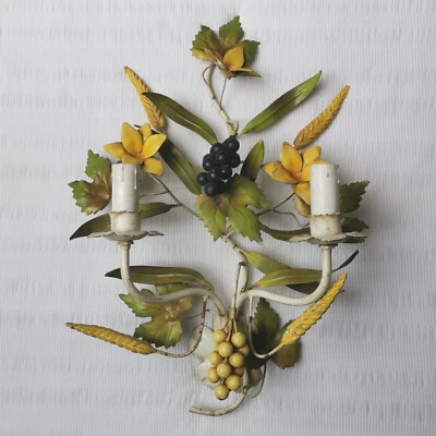 VINTAGE ITALIAN TOLE  WALL SCONCE 2 LIGHTS FRUITS GRAPES - WHEAT SHEAF - FLOWERS - Image 1 of 4