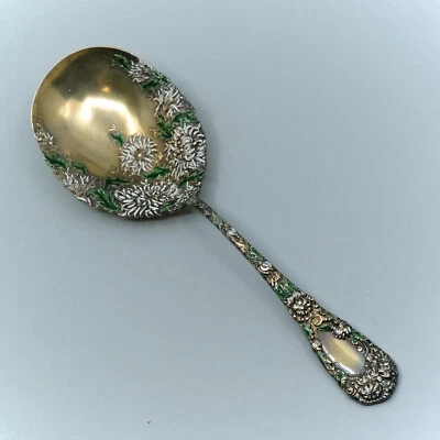 Chrysanthemum by Durgin Sterling 9 1/2" Enameled Gilt Berry Spoon No Monogram - Image 1 of 4