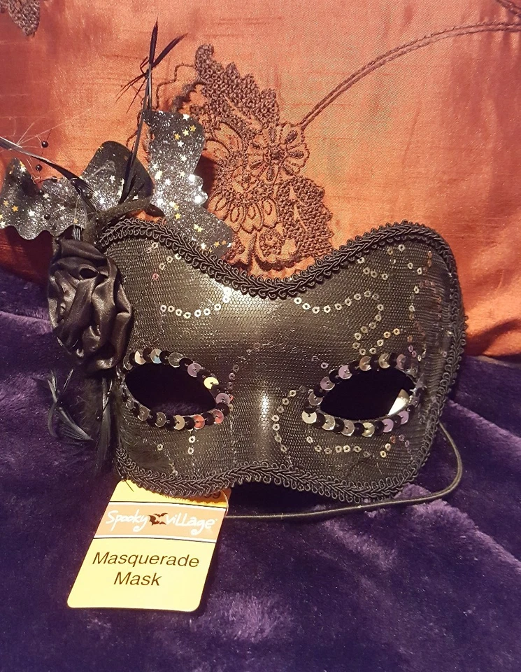HALLOWEEN Masquerade Mask Black Lace & Silver & Sparkling Bats by Spooky Village - Image 1 of 4