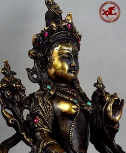 Old Golden Bronze statue of Bodhisattva White Tara, Buddha Turquoise & Rubies - Picture 1 of 11