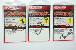 3 packs owner twistlock bass hook 5135-101 w/sos 1/0 spring on shank weedless - Picture 1 of 3