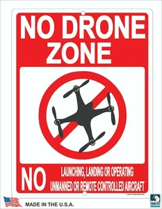 Letrero de zona sin drones 9x12 metal lanzamiento aterrizaje funcionamiento control remoto drones - Imagen 1 de 3