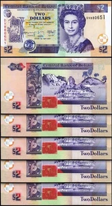 Belize 2 Dollars 2021, UNC, 5 Pcs LOT, Consecutive, P-66, QUE II, New Sign, Date - Picture 1 of 4