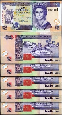 Belize 2 Dollars 2021, UNC, 5 Pcs LOT, Consecutive, P-66, QUE II, New Sign, Date - Image 1 of 4