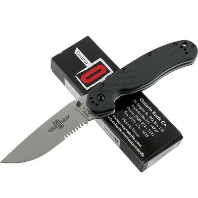 Ontario RAT 1 Satin AUS-8 Black Nylon Linerlock Folding Pocket Knife 8849 - Image 1 of 2