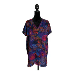 Diane Freis Blouse Womens M Floral Tunic Colorful Abstract Retro Short Sleeve - Picture 1 of 11