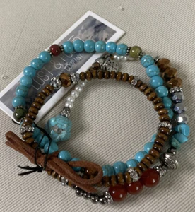 Lost & Found Trading Company 3 Strand Bracelet Turquoise Wood Beads Stretch NEW - Picture 1 of 4