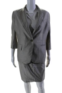 KaufmanFranco Womens Collared Darted Buttoned Blazer Skirt Suit Silver Size 2 8 - Picture 1 of 12