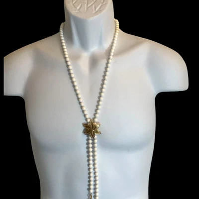 Vintage Sarah Coventry White Beaded Lariat Necklace – Gold-Tone Floral Clasp - Image 1 of 4