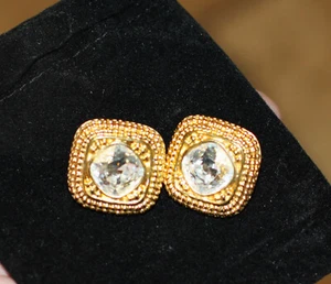 Vintage Swarovski Signed Clear Crystal Gold Signed Beaded Square Earrings Studs - Picture 1 of 6