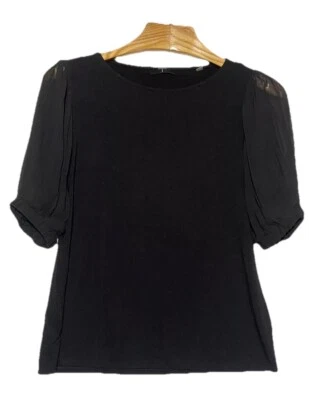 Camiseta Top T TAHARI Mujer Mediana Negra Abullonada Manga Transparente Clásica Minimalista Foto 1 de 4