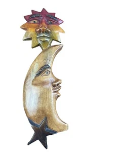 Sun Moon Art Wood Carved Sculpture Primitive Home Wall Decor Solar System - Picture 1 of 11