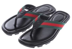 NUEVO GUCCI SANDALIAS DE TANGA DE CUERO NEGRO CON LOGOTIPO WEB ZAPATOS 7/US 7.5 - Imagen 1 de 8