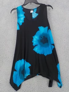 JOSTAR TANK TOP SZ M BLACK BLUE HIBISCUS SLEEVELESS TUNIC POINT HEM SPANDEX KNIT - Picture 1 of 13