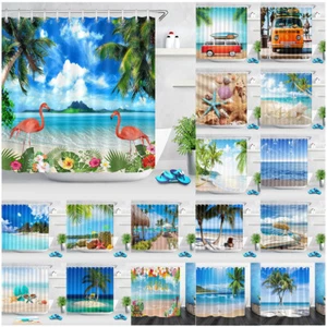 Summer Beach Tropical Paradise Palms Waterproof Polyester Shower Curtain Set 72" - Picture 1 of 29