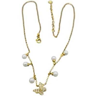 Girocollo Argento 925 dorato Collana da donna catenina ciondoli in perle Firmata - Immagine 1 di 4