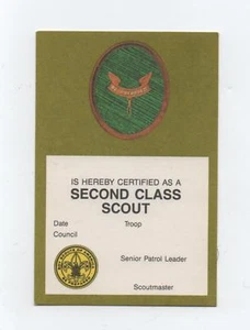 Second Class Rank Card (Issued 1986), Olive Green on White Card Stock, Mint! - Picture 1 of 2