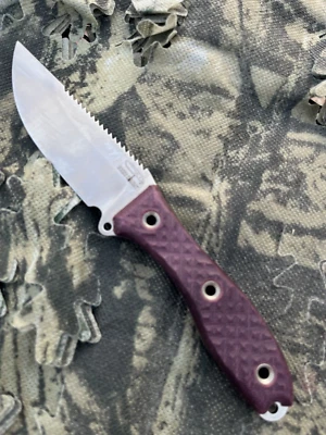 Busse Combat ElMax Sawback Satin Finish W/Maroon Canvas Micarta & Leather Sheath - Image 1 of 4
