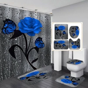 4Pcs Rose Flower Shower Curtain Sets Non-Slip Rug Toilet Lid Cover Bath Mat Sets - Picture 1 of 27