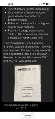 Amplificador muy raro True 1000 vatios 6 canales Soundstream D’ARTAGNAN5.1 usado probado #1 Foto 1 de 3