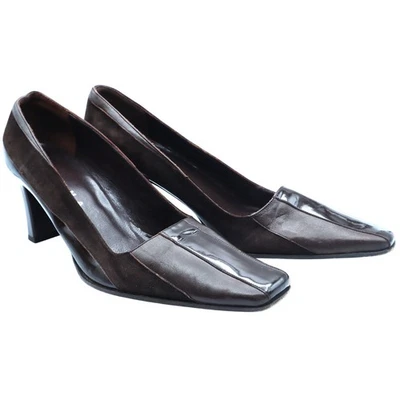 Zapatos de salón Paloma de cuero marrón chocolate con tacón ancho punta cuadrada charol gamuza 6M trabajo Foto 1 de 4