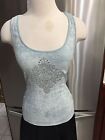 X2 LIGHT BLUE WHITE RIB TANK TOP SCOOP NECK SILVER STUDS ON FRONT SZ S