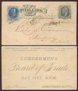 USA 1877 ADVERT STATIONERY STO LUMBERMEN BAY CITY MICH.+ PAID MARITIME LIVERPOOL - Picture 1 of 1