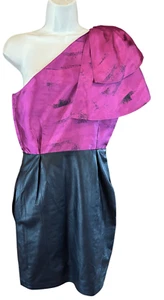 Noir by Sachin & Babi Fushia & Black Leather One Shoulder Dress NWT Size 4 - Picture 1 of 3