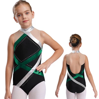 Girls Shiny Metallic Striped Gymnastics Leotard Unitard Ballet Dance Dancewear - Image 1 of 3