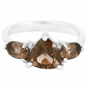 Trillion & Oval Brazil Smoky Quartz 3 Gem Ring 14K Gold on Sterling Silver Ring - Picture 1 of 9