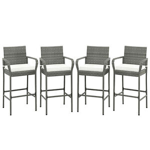Set of 4 Rattan Patio Bar Stools Outdoor Bar Height Chairs w/ Cushions