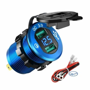 Dual QC 3.0 USB Charger Socket with Voltmeter & Wire aluminum Car Motorcycle KD - Picture 1 of 7
