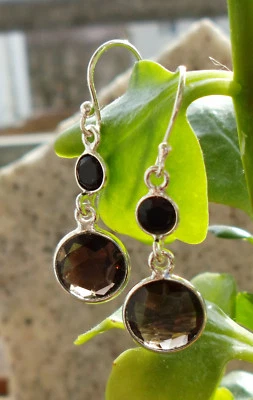 Rx Orecchini Cerchio Quarzo Affumicato Zodiacale Bilancia E Onice Argento 925 - Immagine 1 di 4