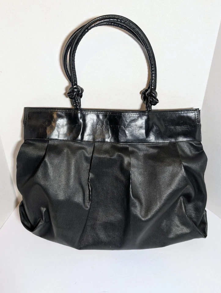 Bolso de Mano Lanvin Paris Mujer Cuero Doble Correa Acanalado Negro De Colección Excelente Foto 1 de 4
