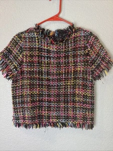 Zara Top Medium Tweed Colorful Short Sleeve Back Button Raw Hem Crosshatch Style - Picture 1 of 8