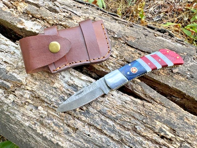 Cuchillo de Bolsillo Damasco para Hombres Texas Cuchillo Plegable con Funda de Cuero Premium Foto 1 de 4