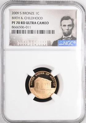2009 S Bronze Lincoln Cent 1C BIRTH & CHILDHOOD PF70 RD Ultra Cam Special Label - Image 1 of 2