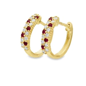 Ladies 9ct Yellow Gold Ruby & Diamond Hoop Earrings - Picture 1 of 3