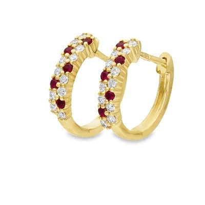 Ladies 9ct Yellow Gold Ruby & Diamond Hoop Earrings - Image 1 of 3