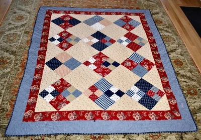 复古手工拼布四补丁被子 63x78 — 第 1/4 张图片