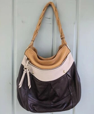 B. Makowsky Cartera de Cuero Bolso de Hombro Bolso de Mano Marrón Amarillo Blanco Bloque de Color Foto 1 de 4