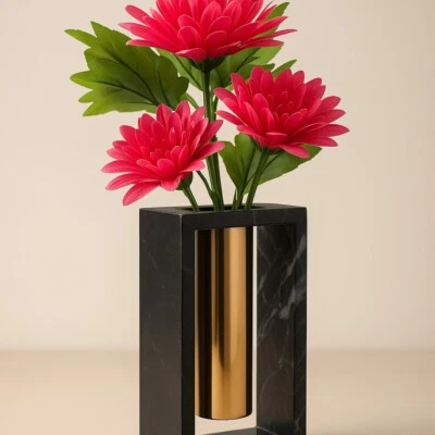 Handmade Antique Flower Vase, Frame Flower Holder, Black Zebra Marble, H: 8" - Image 1 of 4